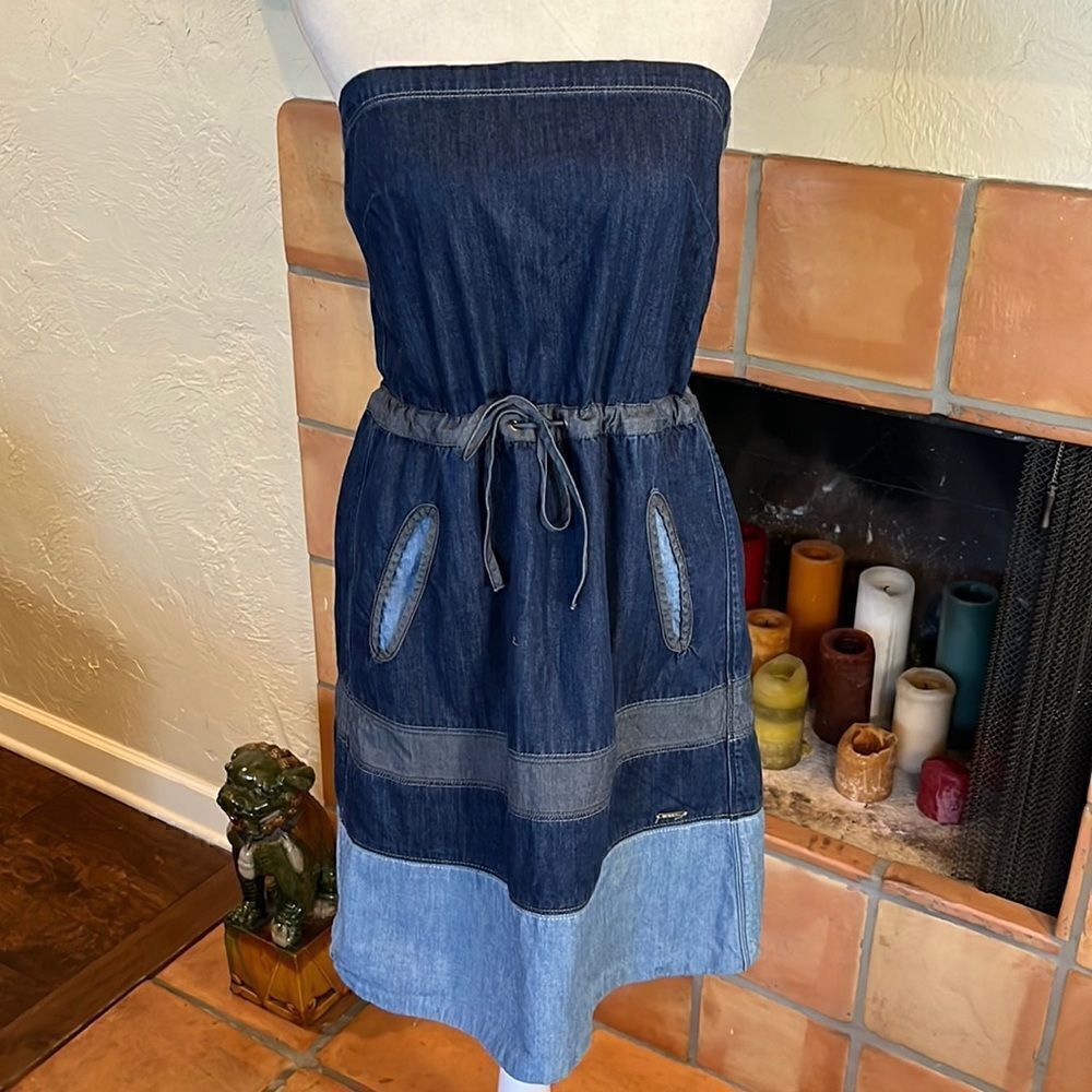 Diesel mixed colored denim strapless cinch waist mini dress, S!